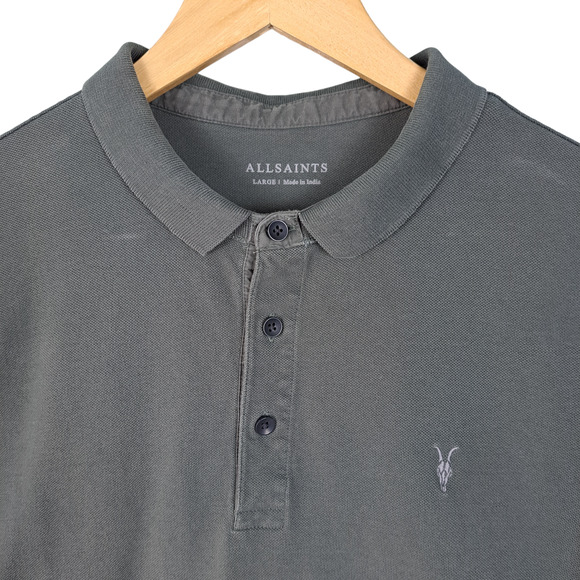 All Saints Form Short Sleeve Polo Shirt Mens Size Large Gray Ramskull Logo - Picture 2 of 8